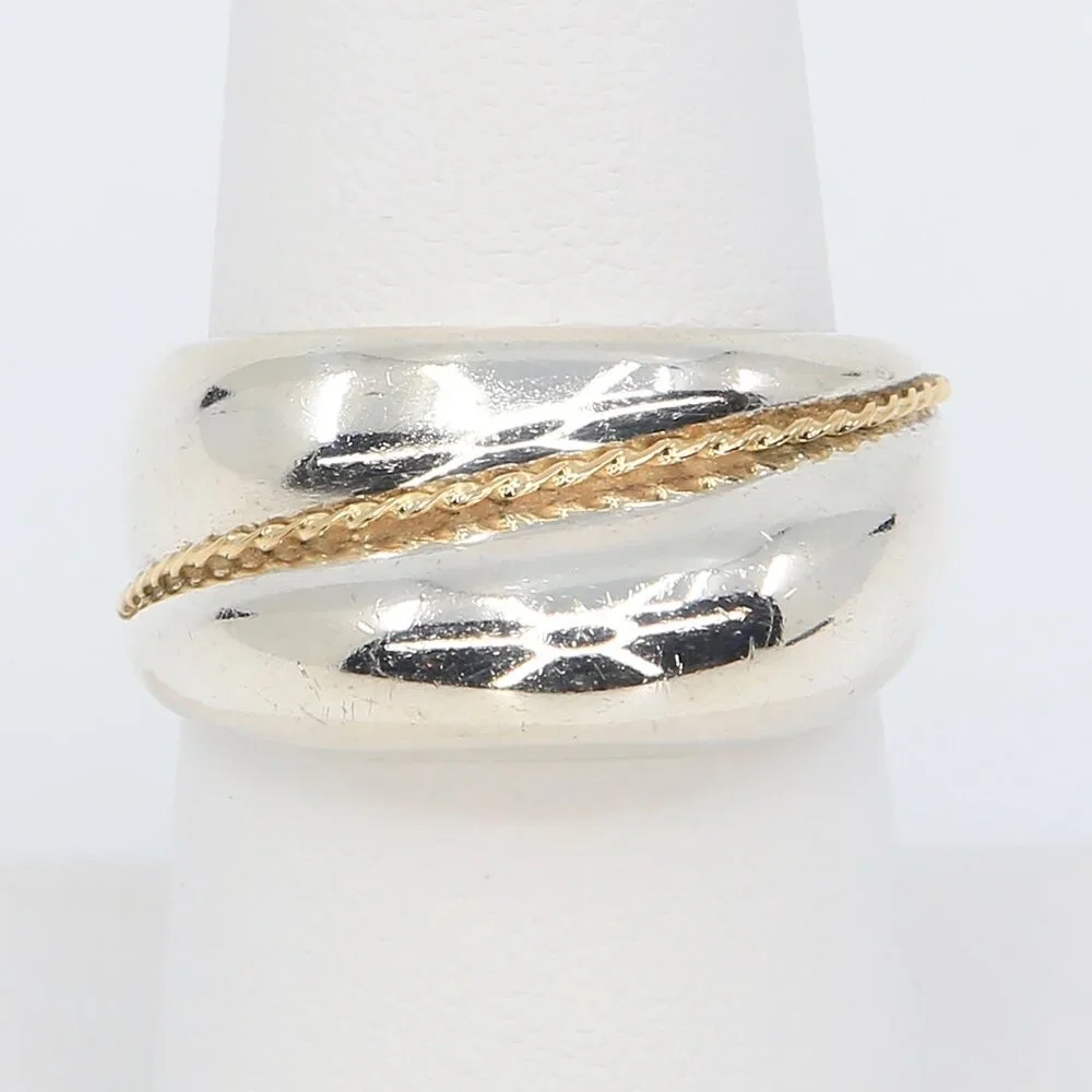 Vintage Chunky Sterling Silver With 18K Gold Twisted Rope Ring Size 6.75 1980s